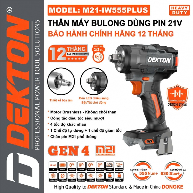 Máy siết bulong Pin 555Nm Dekton M21-IW555PLUS ( chưa Pin & Sạc )
