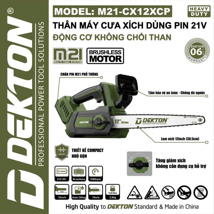 Thân máy cưa xích 12inch Pin 21V Dekton M21-CX12XCP Brushless