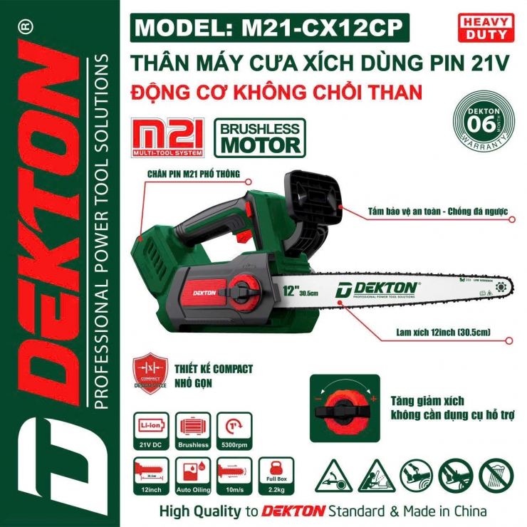 Thân máy cưa xích 12inch Pin 21V Dekton M21-CX12XCP Brushless