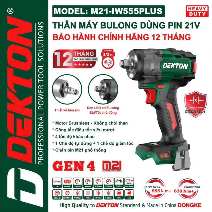 Thân bulong pin 555Nm Dekton M21-IW555XPLUS Brushless 