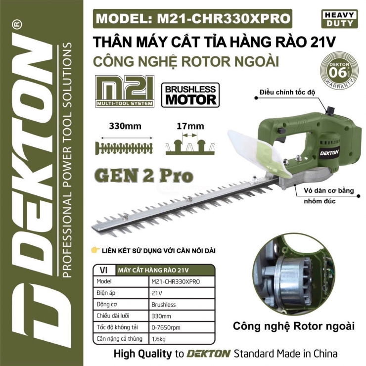 Cắt tỉa hàng rào 330mm Pin 21V Dekton M21-CHR330PRO ( chưa Pin & Sạc )