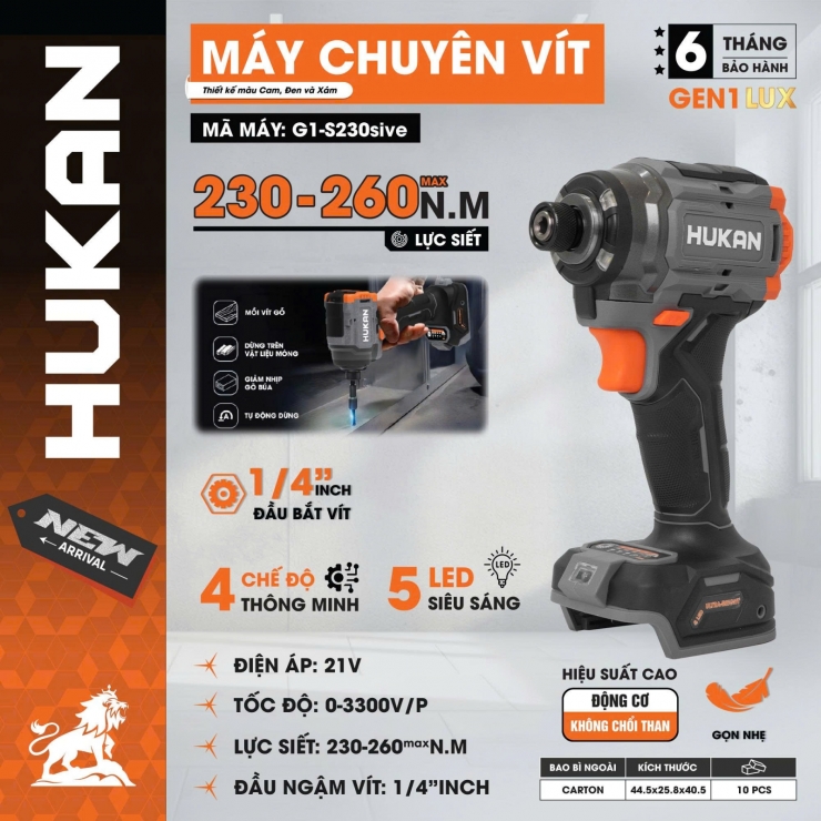 Máy bắn vít 260Nm Pin Hukan G1-S230sive Brushless ( chưa Pin & Sạc )