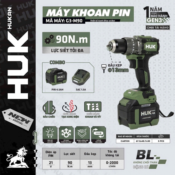 Máy khoan 90Nm Pin 21V HUK G3-M90 Brushless ( chưa Pin & Sạc )