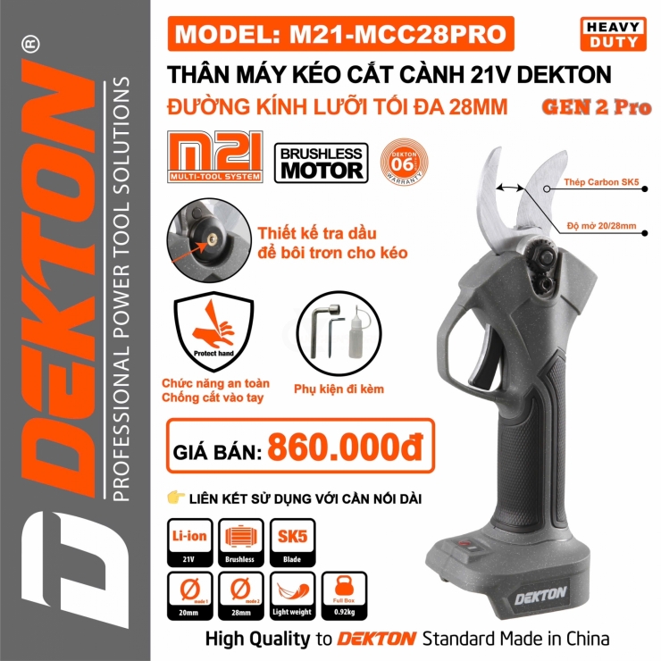 Kéo cắt cành Pin 21V Dekton M21-MCC28PRO ( chưa Pin & Sạc )