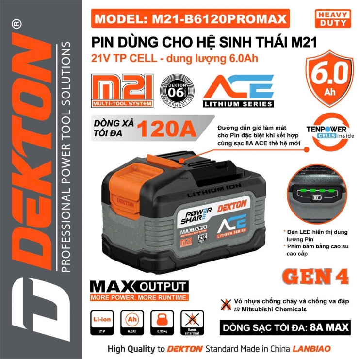 Pin 6.0A Dekton M21-B6120PROMAX ( 15cell dòng xã cao 120A )