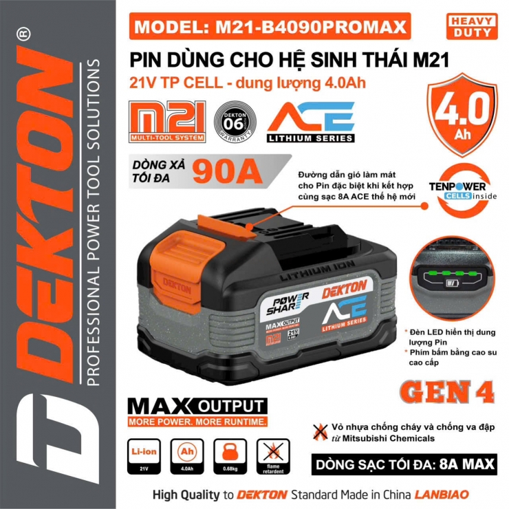 Pin 4.0A Dekton M21-B4090PROMAX ( 10cell dòng xả cao 90A )