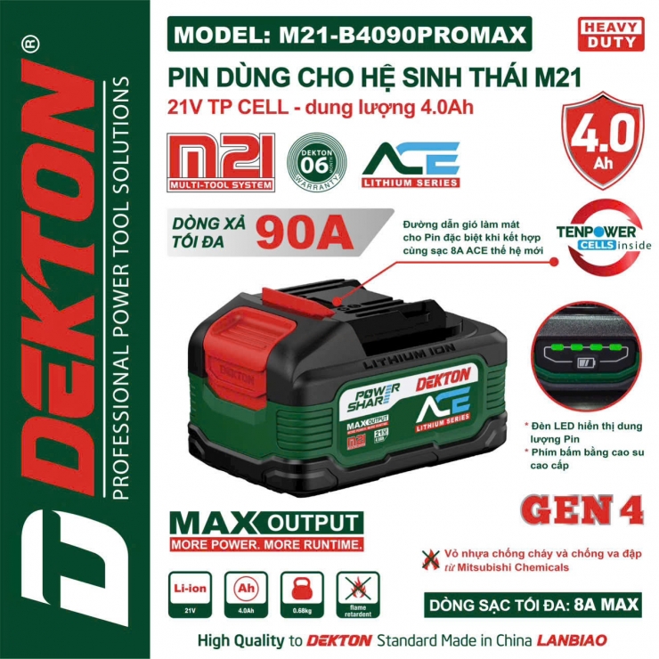 Pin 4.0A Dekton M21-B4090PROMAX ( 10cell dòng xả cao 90A )