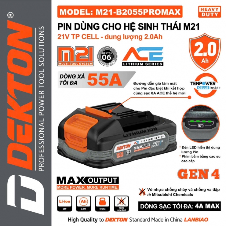 Pin Dekton 2.0Ah M21-B2500PROMAX ( 5cell dòng xả cao 55A )
