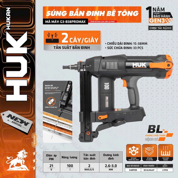 Máy bắn đinh dùng Pin Hukan G3-B38PROMAX Brushless ( chưa Pin & Sạc )