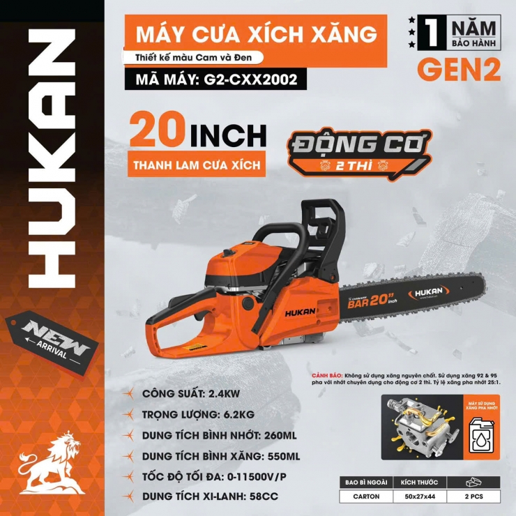 Máy cưa xích xăng 20inch Hukan G2-CXX2002 ( 2 thì 58CC )